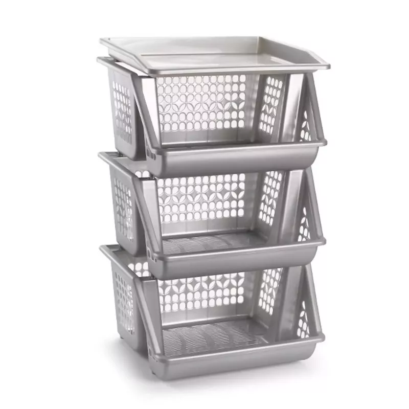 Pack 3 Cestas Apilables Multiusos Plástico Gris/Plata