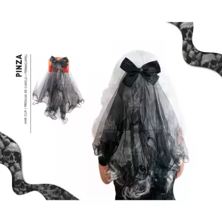 Tradineur - Velo con pinzas y pajarita - Fabricado en plástico - Accesorio para disfraces de Halloween, carnaval, celebraciones.