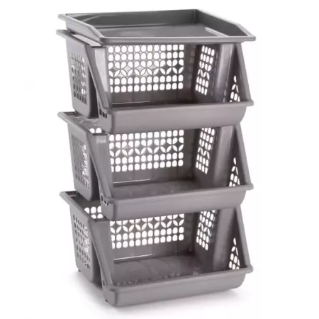 Pack 3 Cestas Apilables Multiusos Plástico Gris/Plata Pack 3 Cestas Apilables Multiusos Plástico Gris/Plata