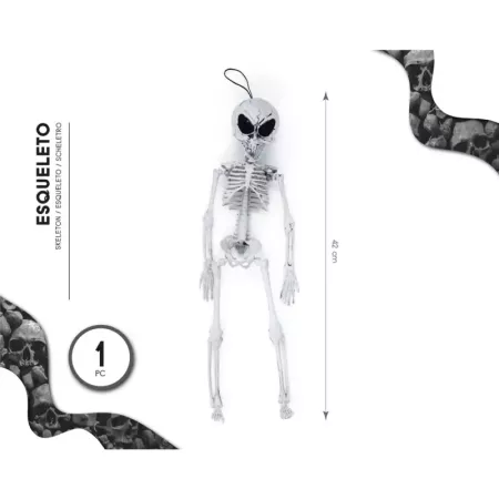 Tradineur - Esqueleto de alien para Halloween - Fabricado en plástico - Adorno para decoración - Longitud 42 cm - Color Blanco