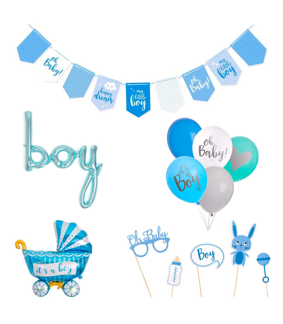 Tradineur - Set de baby shower, decoración fiesta de bebé, incluye 2  guirnaldas, globos y accesorios de photocall, revelación de