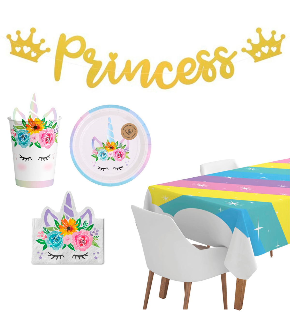 Kit de Vajilla Cumpleaños Princesas,Platos para Cumpleaños