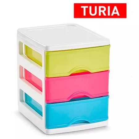 Tradineur - Cajonera Turia de plástico con 3 cajones multicolor, torre almacenaje, sobremesa, escritorio, baño, oficina (Blanco,