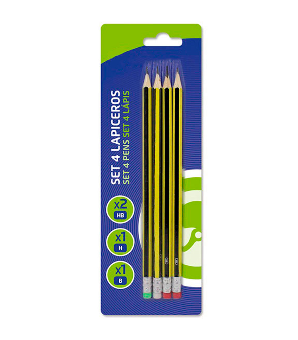 Tradineur - Set de 4 lápices con goma de borrar, 2 HB, 1 H y 1 B
