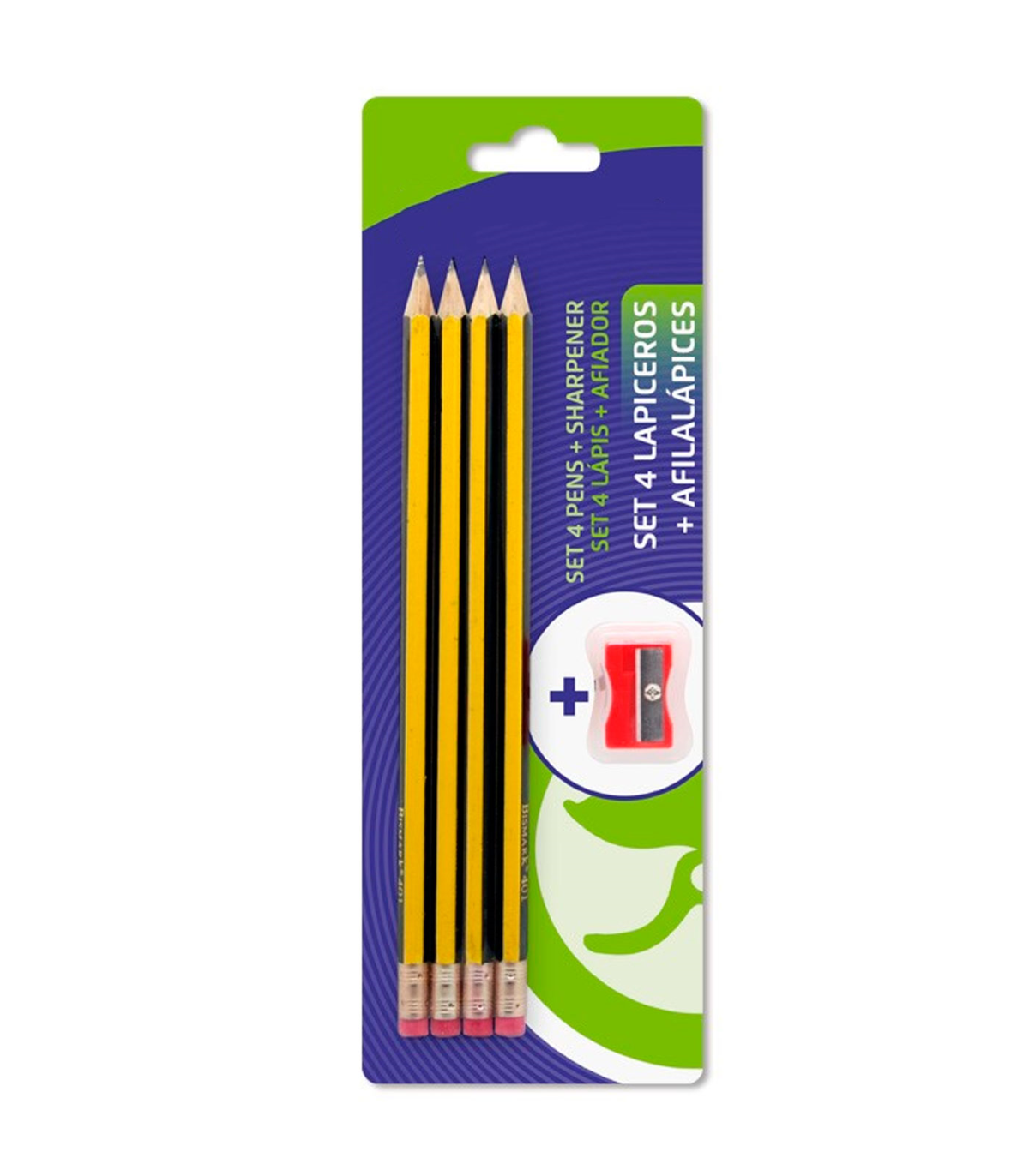 Tradineur - Set de 4 lápices HB con goma de borrar y afilalápiz, grafito,  escritura suave y precisa, material escolar, oficinas