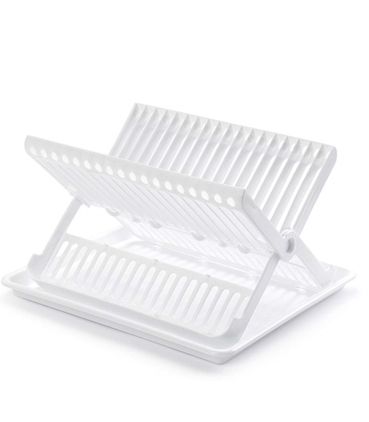 Tradineur - Escurreplatos con bandeja bloqueable en blanco 37 x 33 x 21 cm, Escurridor  platos plegable de plástico resistente