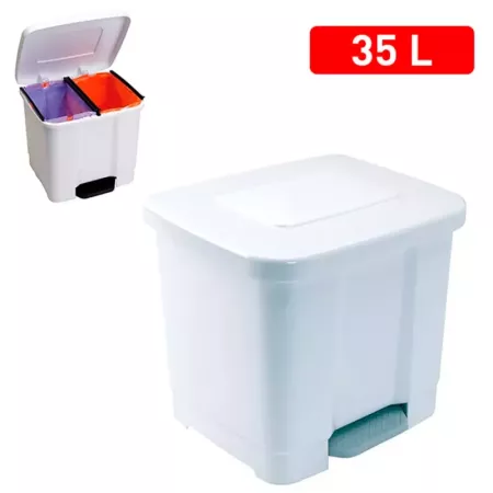 Tradineur - Cubo de basura con pedal, plástico, contenedor de residuos, papelera con separador para colocar dos bolsas, cocina (
