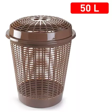 Tradineur - Cesto redondo para ropa sucia con tapa, pongotodo, cubo para almacenar la colada, diseño a rayas, hogar (Marrón, 50
