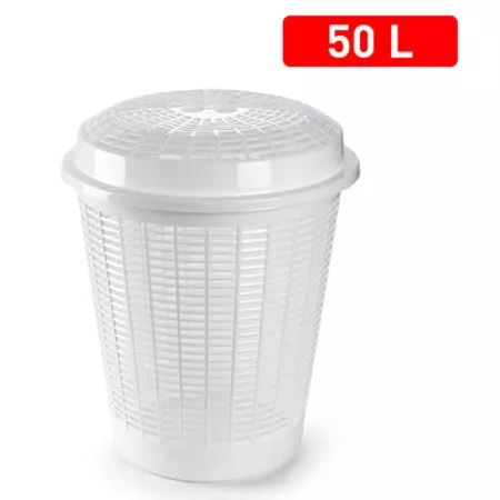 Tradineur - Cesto para ropa sucia redondo con tapa, pongotodo, cubo para almacenar la colada, diseño a rayas, hogar (Blanco, 50
