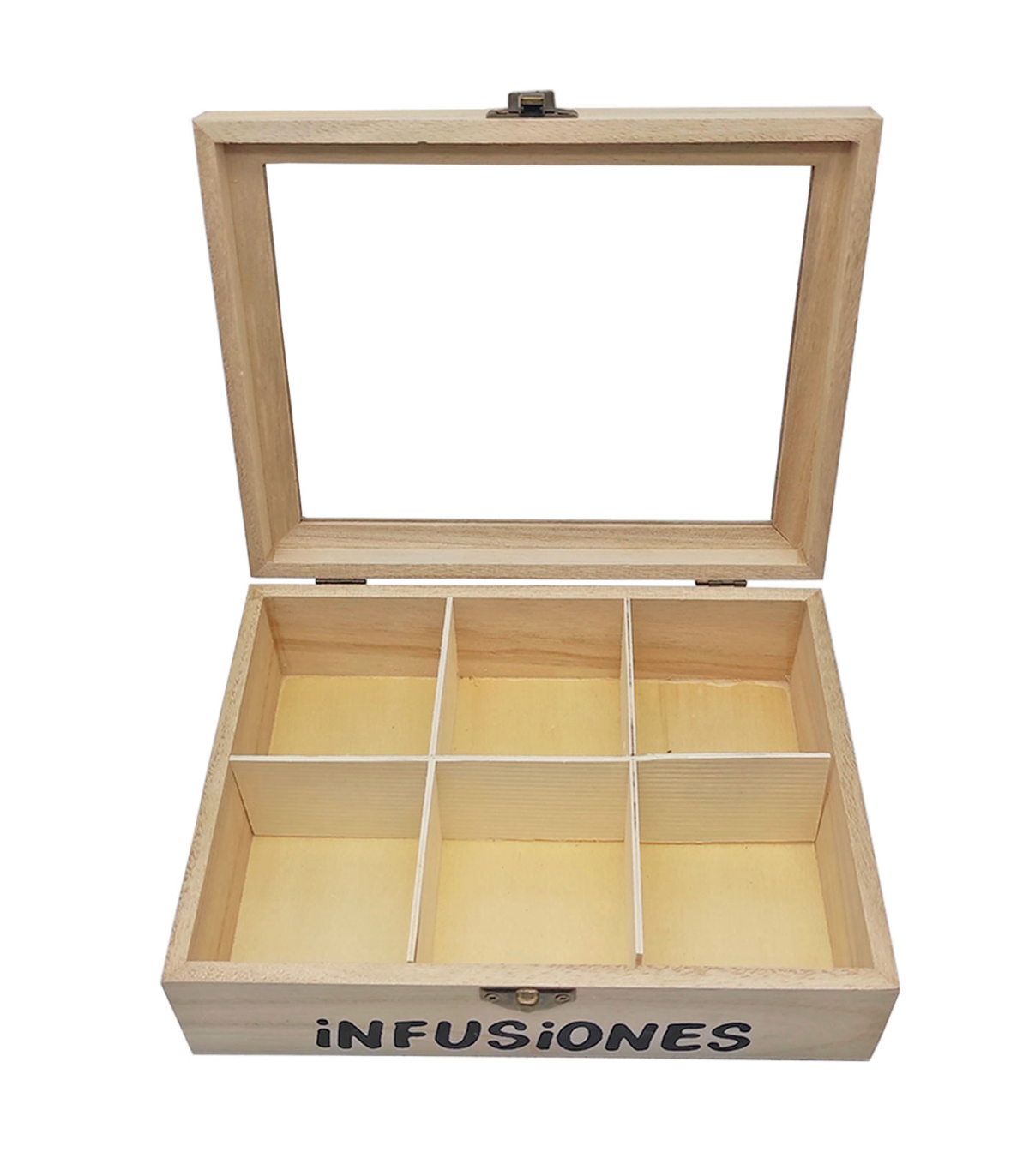 Caja de madera Infusiones con 6 compartimentos y tapa de cristal