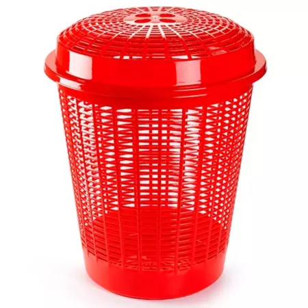 Tradineur - Cesto redondo para ropa sucia, pongotodo con tapa, cubo para almacenar la colada, diseño a rayas, hogar (Rojo, 50 li