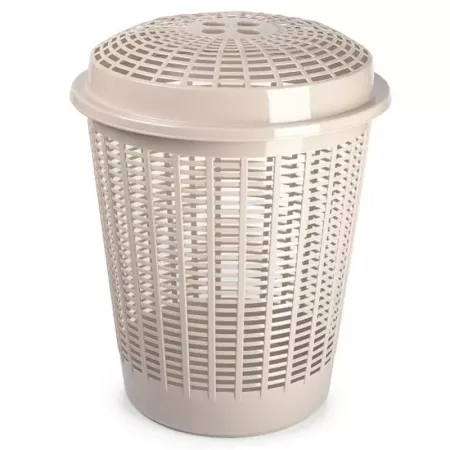 Tradineur - Cesto, pongotodo redondo para ropa sucia con tapa, cubo para almacenar la colada, diseño a rayas, hogar (Beige - 50 Tradineur - Cesto, pongotodo redondo para ropa sucia con tapa, cubo para almacenar la colada, diseño a rayas, hogar (Beige - 50