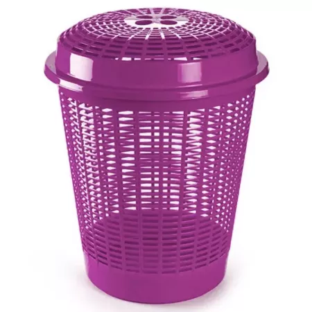 Tradineur - Cesto, pongotodo para ropa sucia redondo con tapa, cubo para almacenar la colada, diseño a rayas, hogar (Violeta, 50