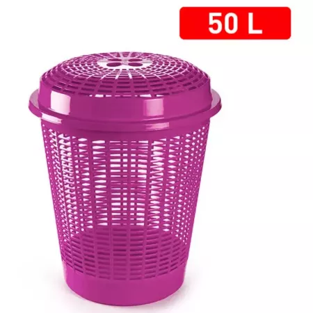 Tradineur - Cesto, pongotodo para ropa sucia redondo con tapa, cubo para almacenar la colada, diseño a rayas, hogar (Violeta, 50