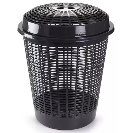 Tradineur - Cesto redondo, pongotodo para ropa sucia con tapa, cubo para almacenar la colada, diseño a rayas, hogar (Gris oscuro