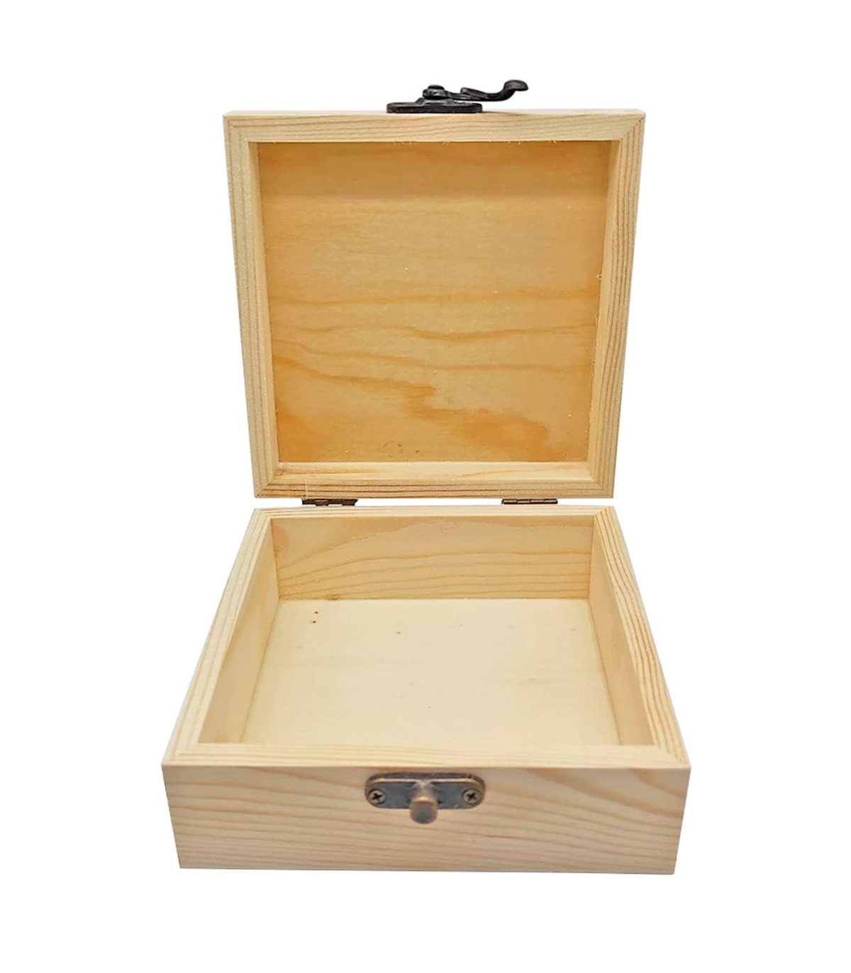 Caja de madera cuadrada con cierre metálico 12 x 12 x 5,3 cm, cajita  decorativa de madera natural sin tratar para manualidades