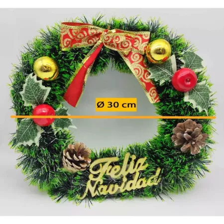 Corona Navidad 30 cm con Piñas y Espumillón Decorativa