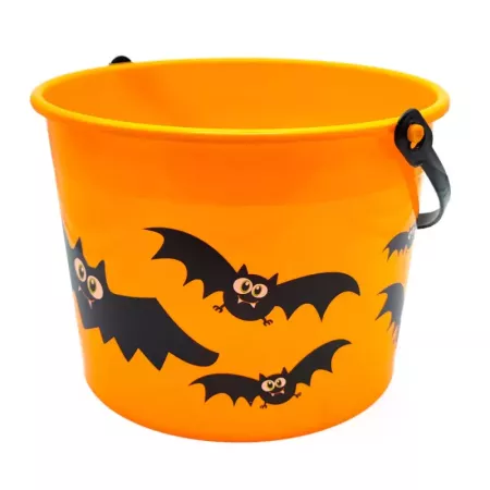 Tradineur - Cubo con decoración de murciélago para Halloween - Fabricado en plástico - Adorno para decoración - 15 x 20 cm - Col