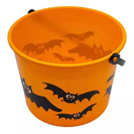 Tradineur - Cubo con decoración de murciélago para Halloween - Fabricado en plástico - Adorno para decoración - 15 x 20 cm - Col