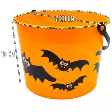 Tradineur - Cubo con decoración de murciélago para Halloween - Fabricado en plástico - Adorno para decoración - 15 x 20 cm - Col