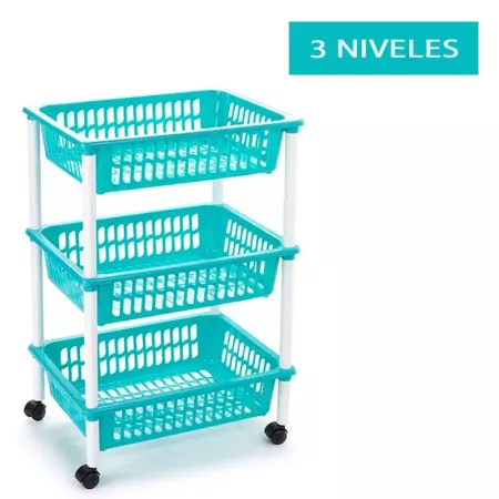 Tradineur - Carrito verdulero modelo PLFT de plástico con 3 cestas y ruedas, portaobjetos, organizador de frutas, verduras (Turq