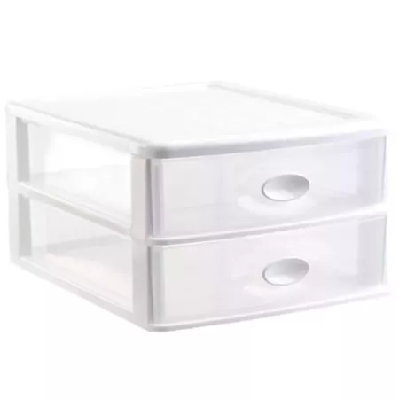 Tradineur - Cajonera "Loira" de sobremesa de plástico, 2 cajones transparentes, torre almacenaje multiusos, oficina, baño (Blanc