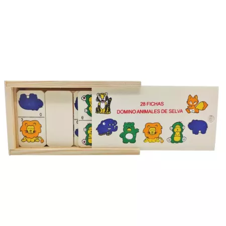 Tradineur - Dominó infantil "Animales de Selva" en caja de madera, 28 fichas, juego de mesa tradicional para niños, diversión, 1