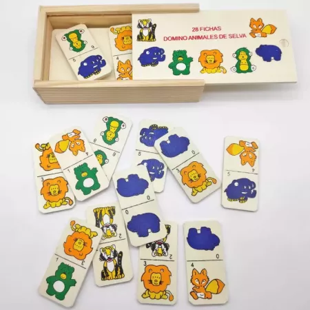 Tradineur - Dominó infantil "Animales de Selva" en caja de madera, 28 fichas, juego de mesa tradicional para niños, diversión, 1