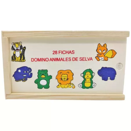 Tradineur - Dominó infantil "Animales de Selva" en caja de madera, 28 fichas, juego de mesa tradicional para niños, diversión, 1
