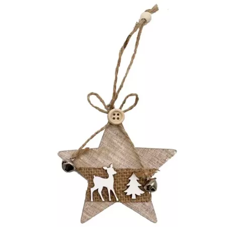 Adorno colgante de madera estrella o abeto con cuerda y cascabeles decoración navideña para árbol puerta o pared 8,7 cm