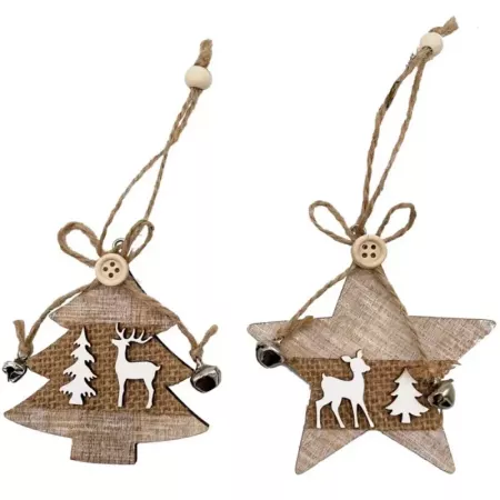 Adorno Navidad Madera Estrella o Abeto con Cascabel 8,7 cm