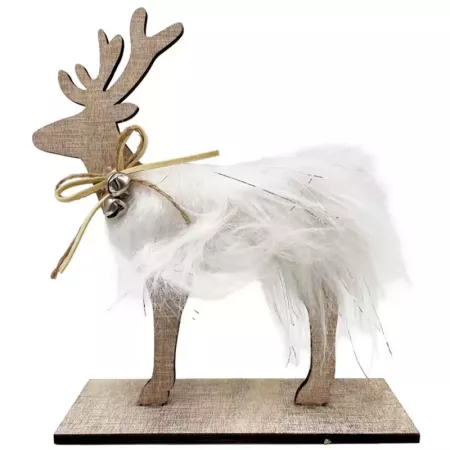 Figura Reno Navidad 18 cm Madera, Pelo y Cascabeles Decoración