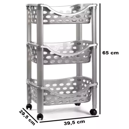 Tradineur - Carrito verdulero de plástico con 3 niveles y ruedas - PLFT Aire - Cestas apilables portaobjetos - 65 x 39,5 x 29,5