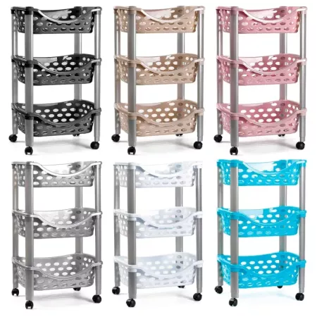 Tradineur - Carrito verdulero de plástico con 3 niveles y ruedas - PLFT Aire - Cestas apilables portaobjetos - 65 x 39,5 x 29,5