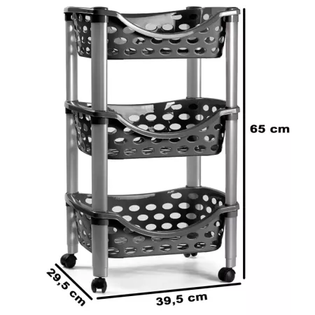 Tradineur - Carrito verdulero de plástico con 3 niveles y ruedas - PLFT Aire - Cestas apilables portaobjetos - 65 x 39,5 x 29,5 Tradineur - Carrito verdulero de plástico con 3 niveles y ruedas - PLFT Aire - Cestas apilables portaobjetos - 65 x 39,5 x 29,5
