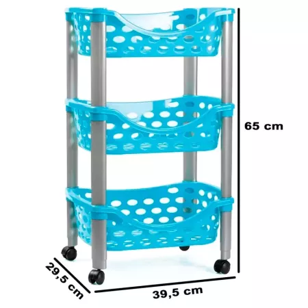 Tradineur - Carrito verdulero de plástico con 3 niveles y ruedas - PLFT Aire - Cestas apilables portaobjetos - 65 x 39,5 x 29,5