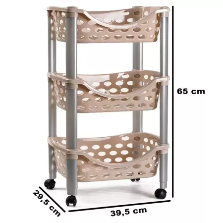 Tradineur - Carrito verdulero de plástico con 3 niveles y ruedas - PLFT Aire - Cestas apilables portaobjetos - 65 x 39,5 x 29,5