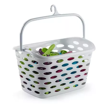 Tradineur - Cesta para pinzas con gancho en la asa - Fabricado en plástico - Artículo de limpieza - 21 x 26 x 15 cm - Color blan