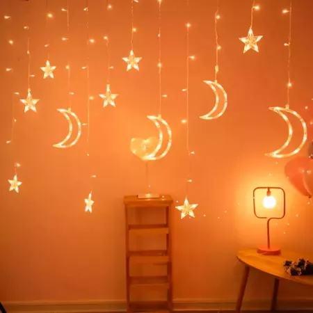 Cortina LED Luna y Estrellas 138 Luces Luz Cálida Mando