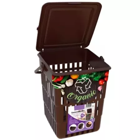 Tradineur - Cesta aireada "Bio" con tapa y asa, contenedor de polipropileno para restos orgánicos, frutas y verduras (Marrón - 1