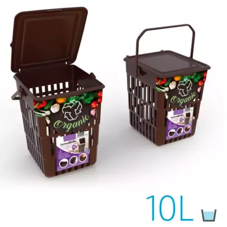 Tradineur - Cesta aireada "Bio" con tapa y asa, contenedor de polipropileno para restos orgánicos, frutas y verduras (Marrón - 1