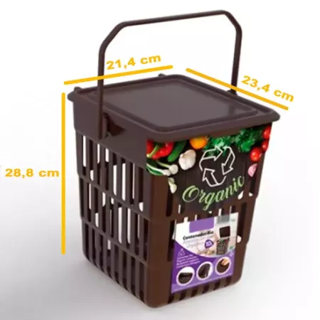 Tradineur - Cesta aireada "Bio" con tapa y asa, contenedor de polipropileno para restos orgánicos, frutas y verduras (Marrón - 1