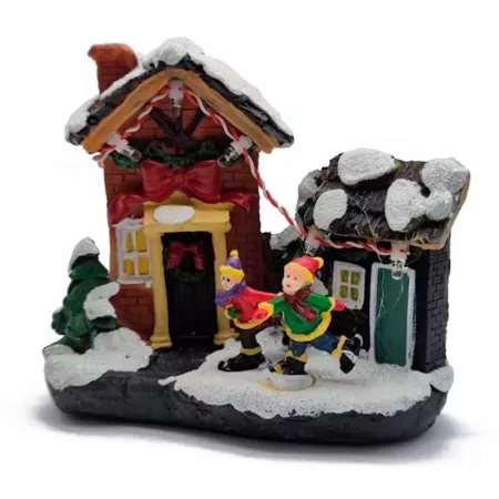 Tradineur - Ciudad de Navidad con iluminación LED - Fabricado en resina - casita de navidad nevada con figuras a pilas - 10,5 x