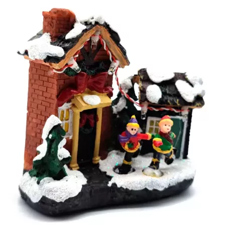 Tradineur - Ciudad de Navidad con iluminación LED - Fabricado en resina - casita de navidad nevada con figuras a pilas - 10,5 x