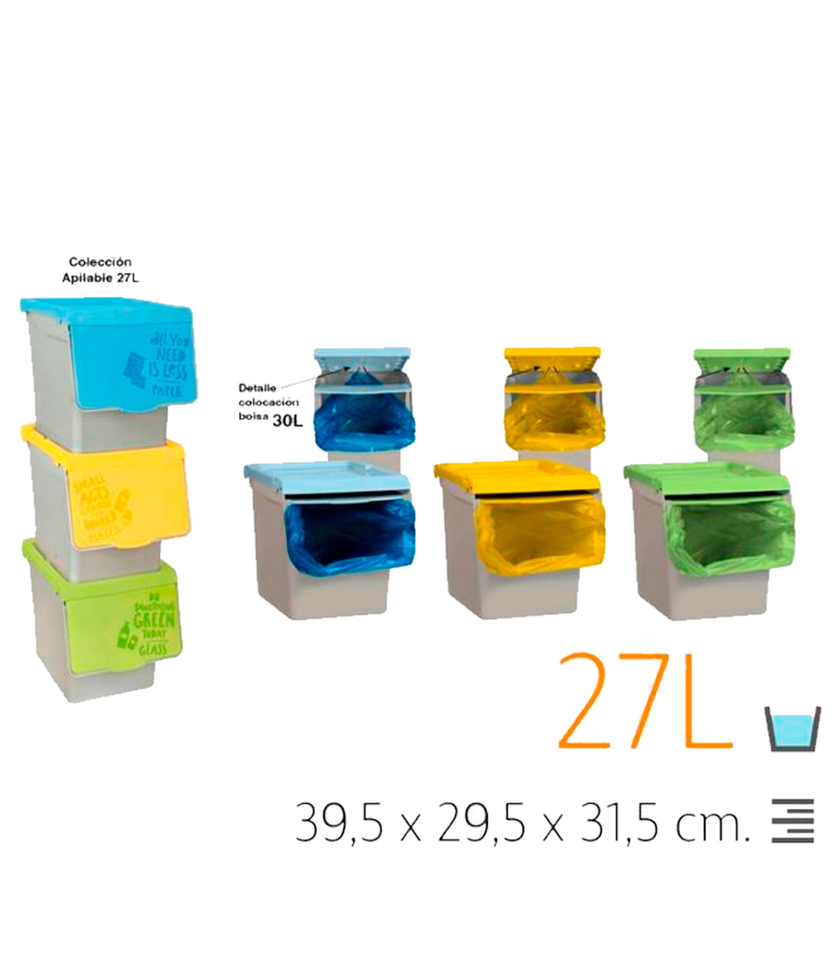 Pack de 3 cubos basura 44 litros con tapa 55 x 38 x 34 cm. Juego, set de  contenedores de residuos apilables de plástico para rec