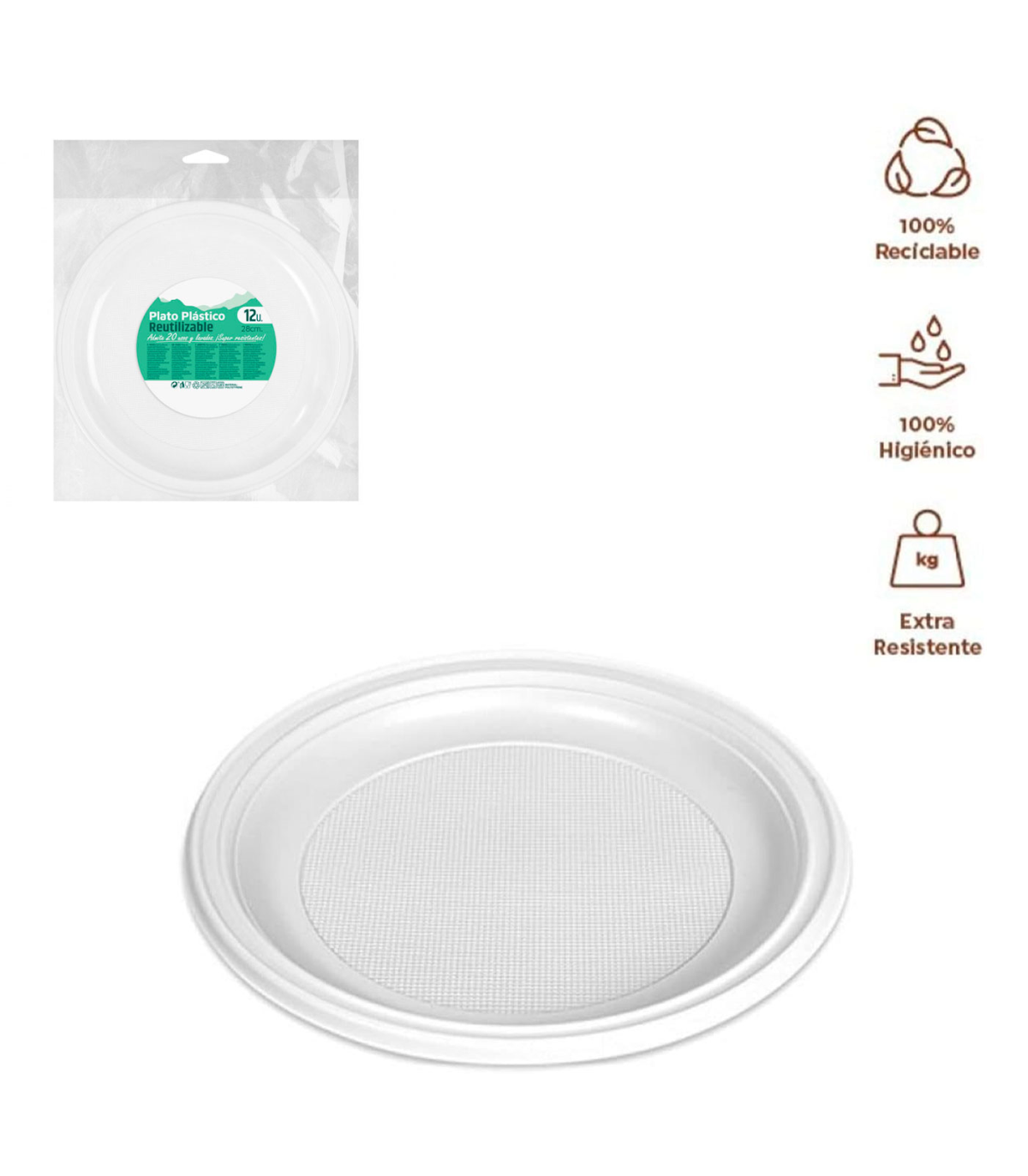 Tradineur - Pack de 12 platos llanos redondos reutilizables de plástico,  100% reciclables, extra resistentes, higiénicos, apilab