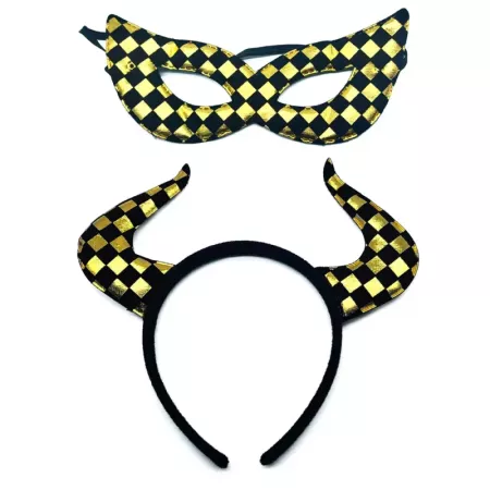 Tradineur - Diadema con cuernos y antifaz - Fabricado en poliéster - Accesorio para disfraces - Diseño a cuadros en color negro
