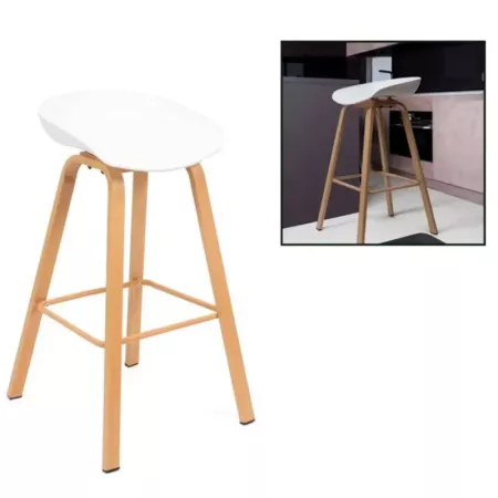 Tradineur - Taburete de madera, asiento de plástico, incluye reposapiés y conteras antideslizantes, banqueta para interior, coci