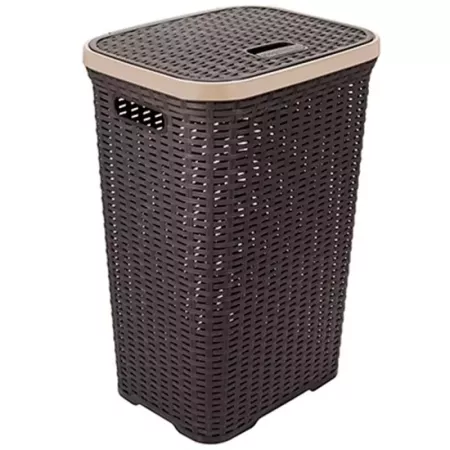 Tradineur - Cesto para la ropa sucia con asas y tapa, pongotodo rattan de plástico, cubo para colada, imitación de mimbre, fabri