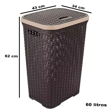 Tradineur - Cesto para la ropa sucia con asas y tapa, pongotodo rattan de plástico, cubo para colada, imitación de mimbre, fabri